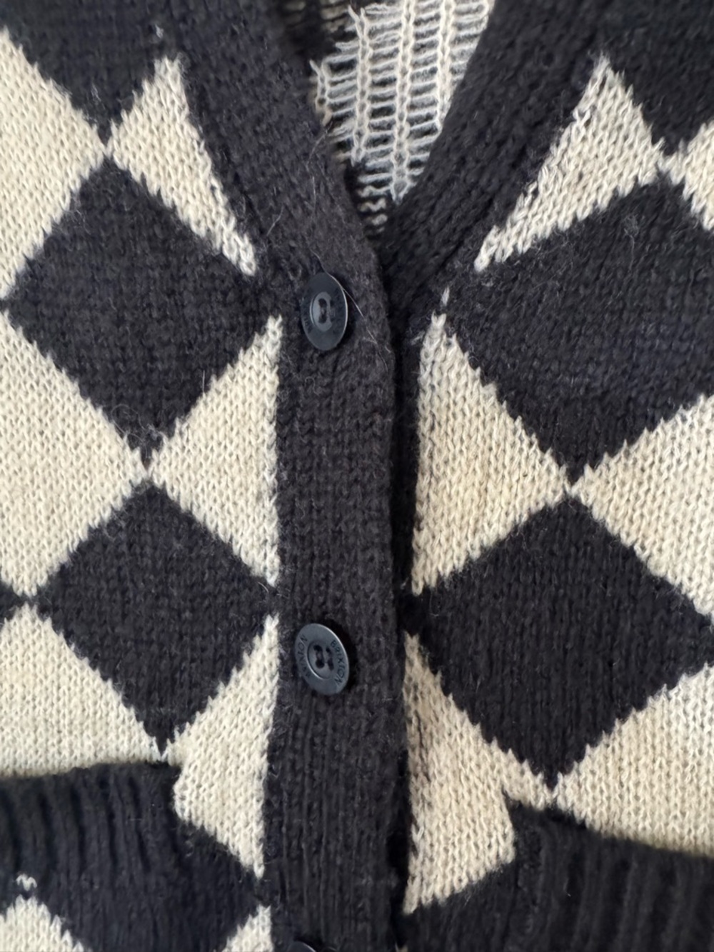 Brixton Black Cream Argyle Cardigan Sweater Button Front Cozy S - Picture 4 of 7